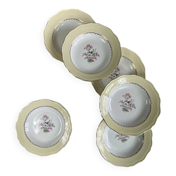 6 assiettes creuses faïence ancienne crème dorure avec fleurs Amandinoise