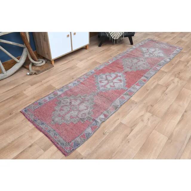 1970s Pink Turkish Handmade Wool Runner Rug, Geometric Motifs 85x328