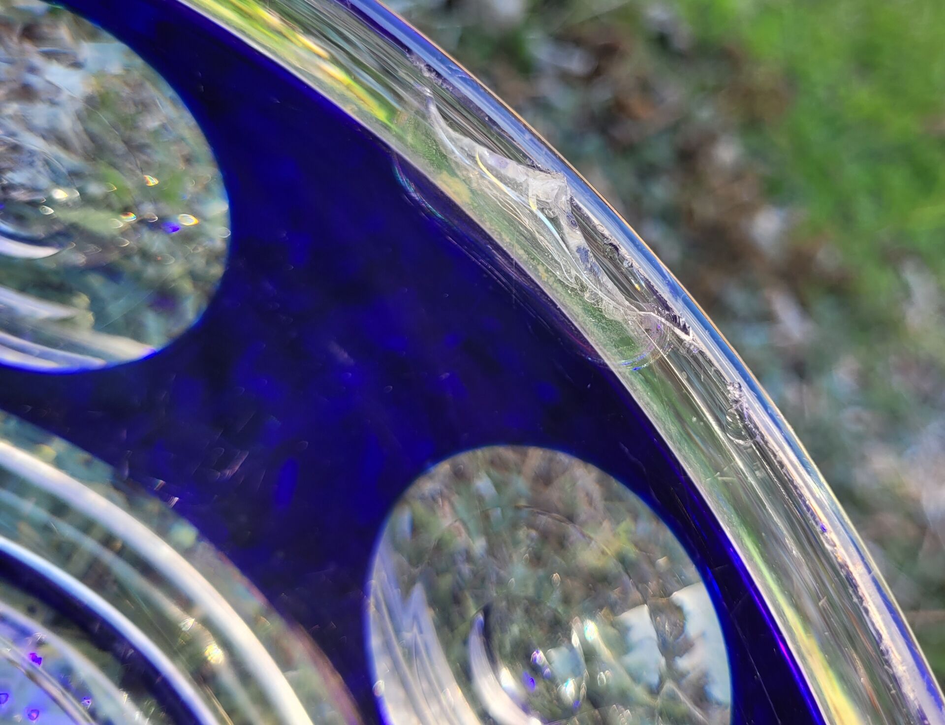 cobalt blue glass bowl with round lenses
