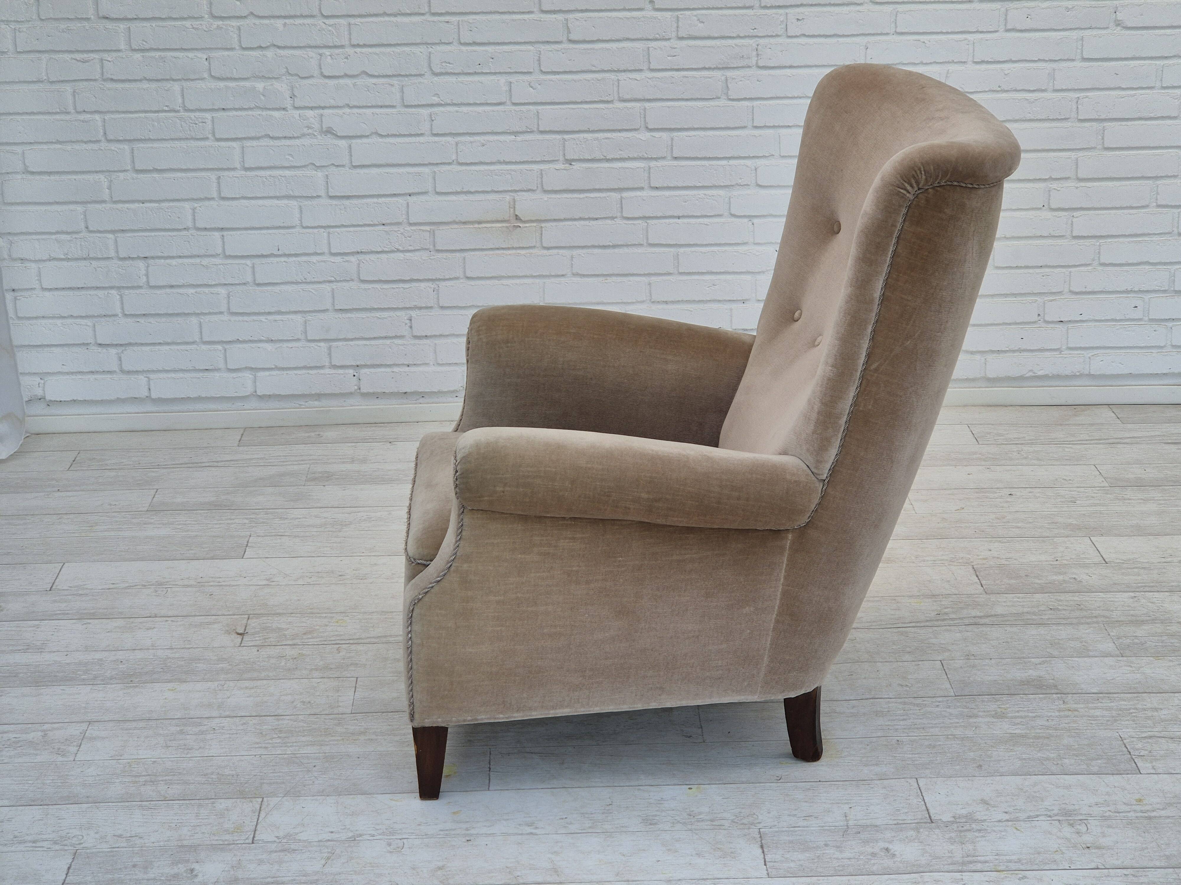 1970s, Danish highback armchair, original condition, furniture velour, bech wood.