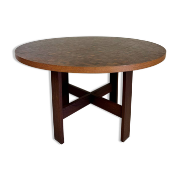Ancienne table en bois marqueté design Dieter Waeckerlin Idealheim, années 70