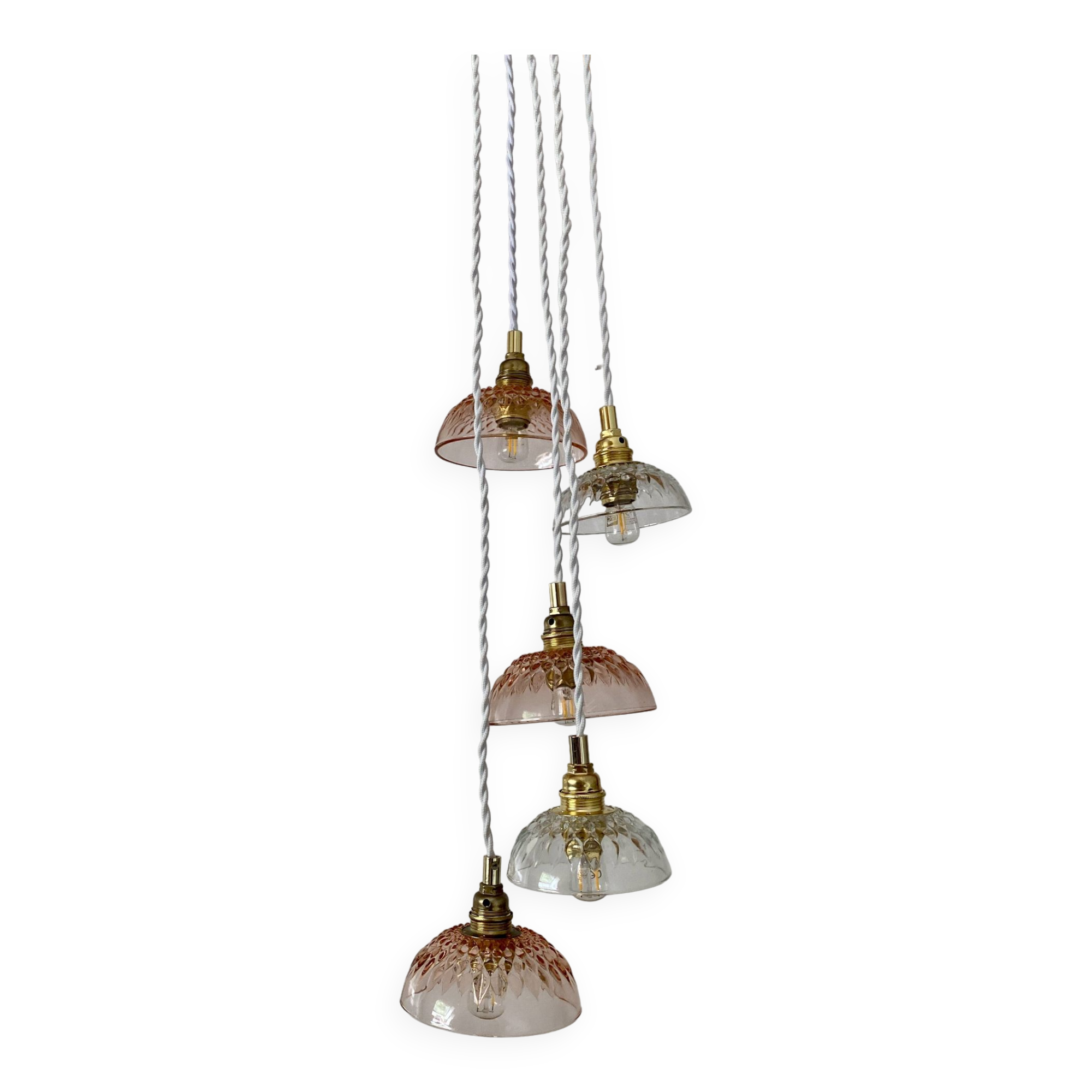 5-light waterfall pendant light with vintage pink and transparent glass shades