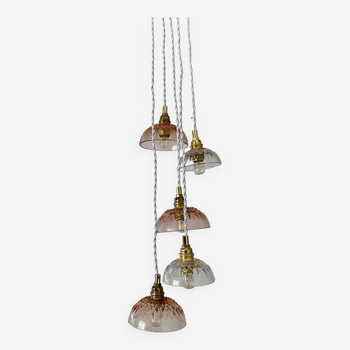 5-light waterfall pendant light with vintage pink and transparent glass shades