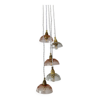 Suspension cascade 5 feux abat-jours vintage en verre rose et transparent