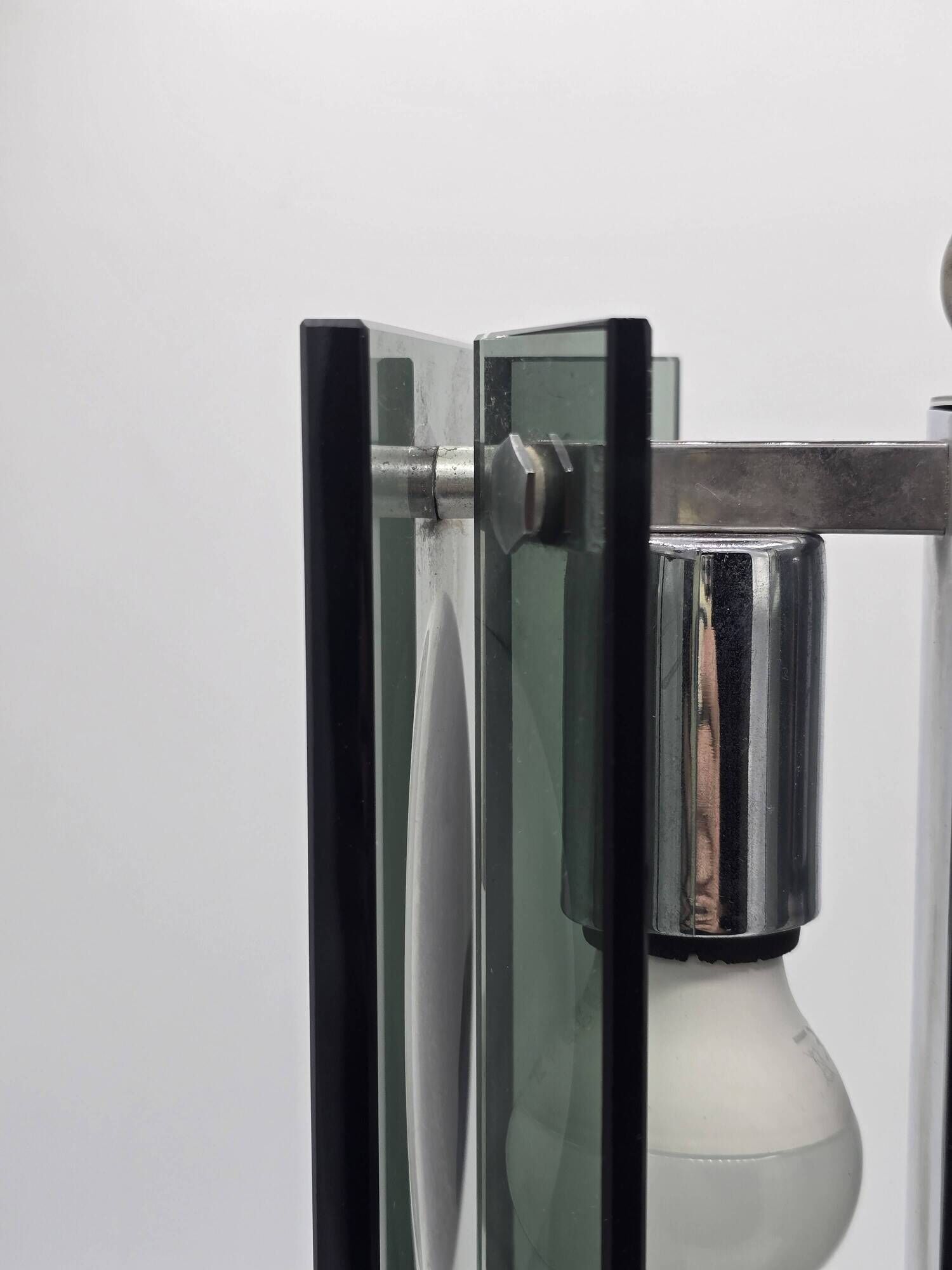 Green-grey glass and chrome metal suspension, in the style of Fontana Arte.