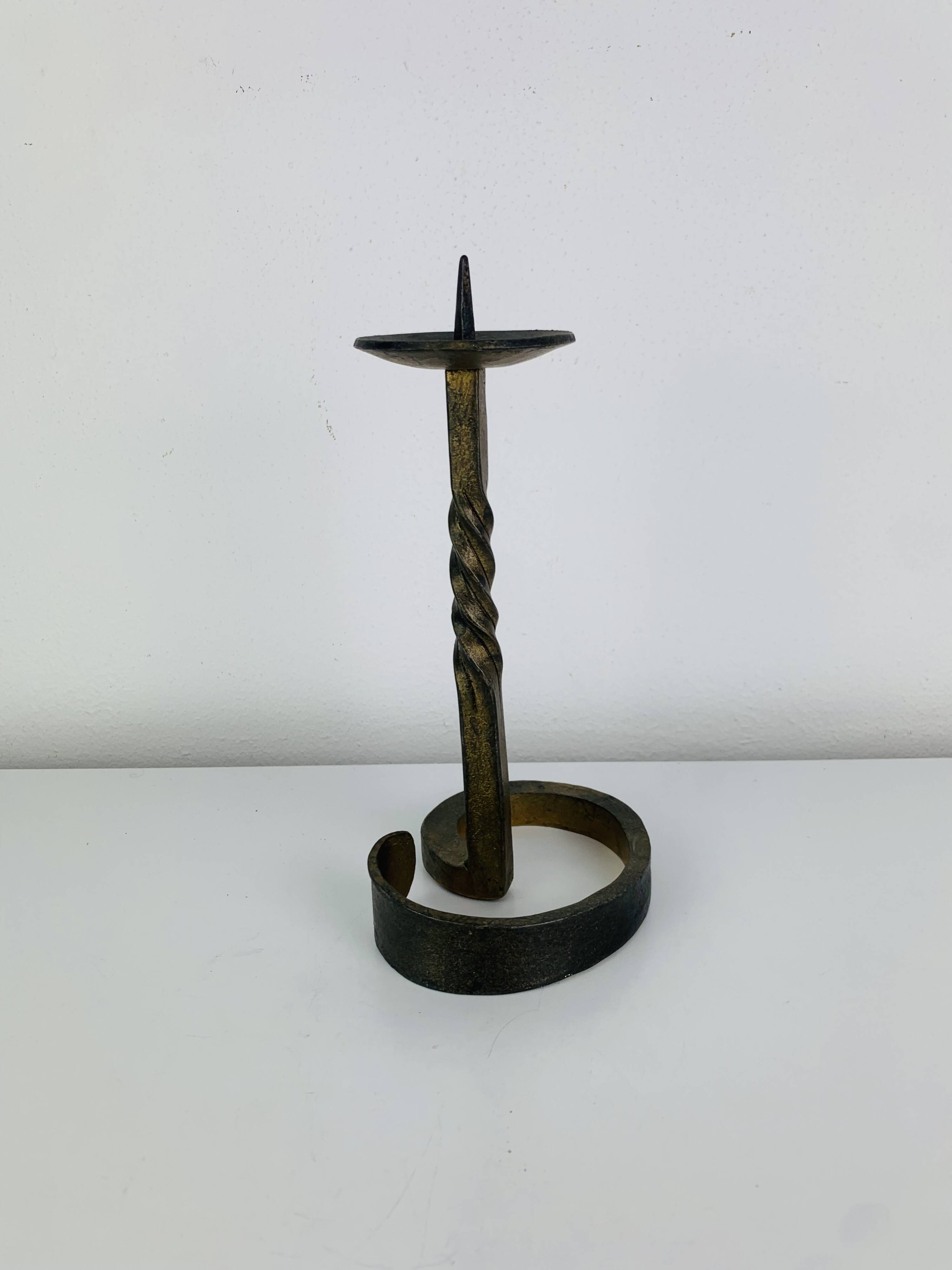 Brutalist candle holder, wrought iron with a golden patina.