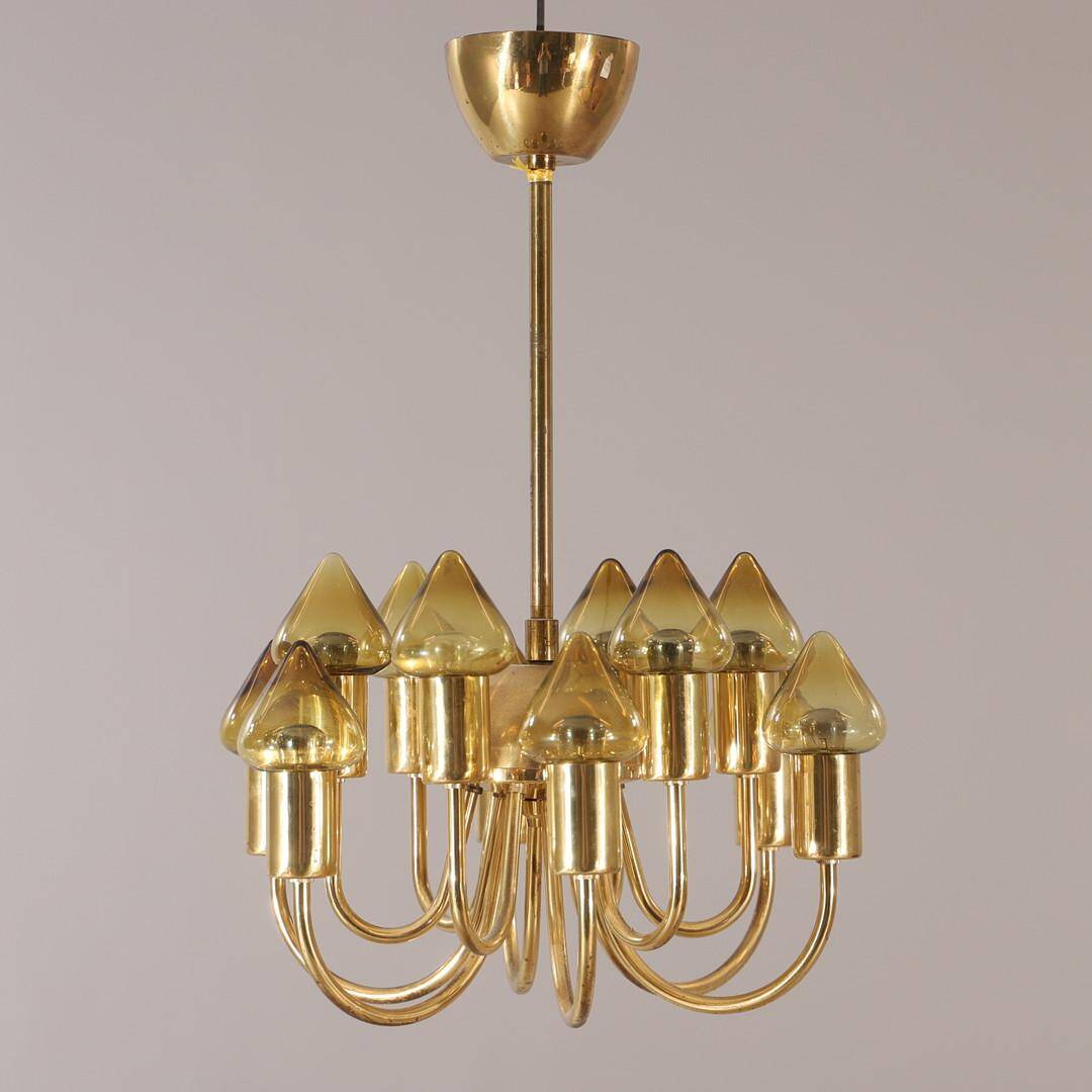 Hans-Agne Jakobsson 12-Armed Brass and Glass Model T 789/12 Chandelier, 1960s