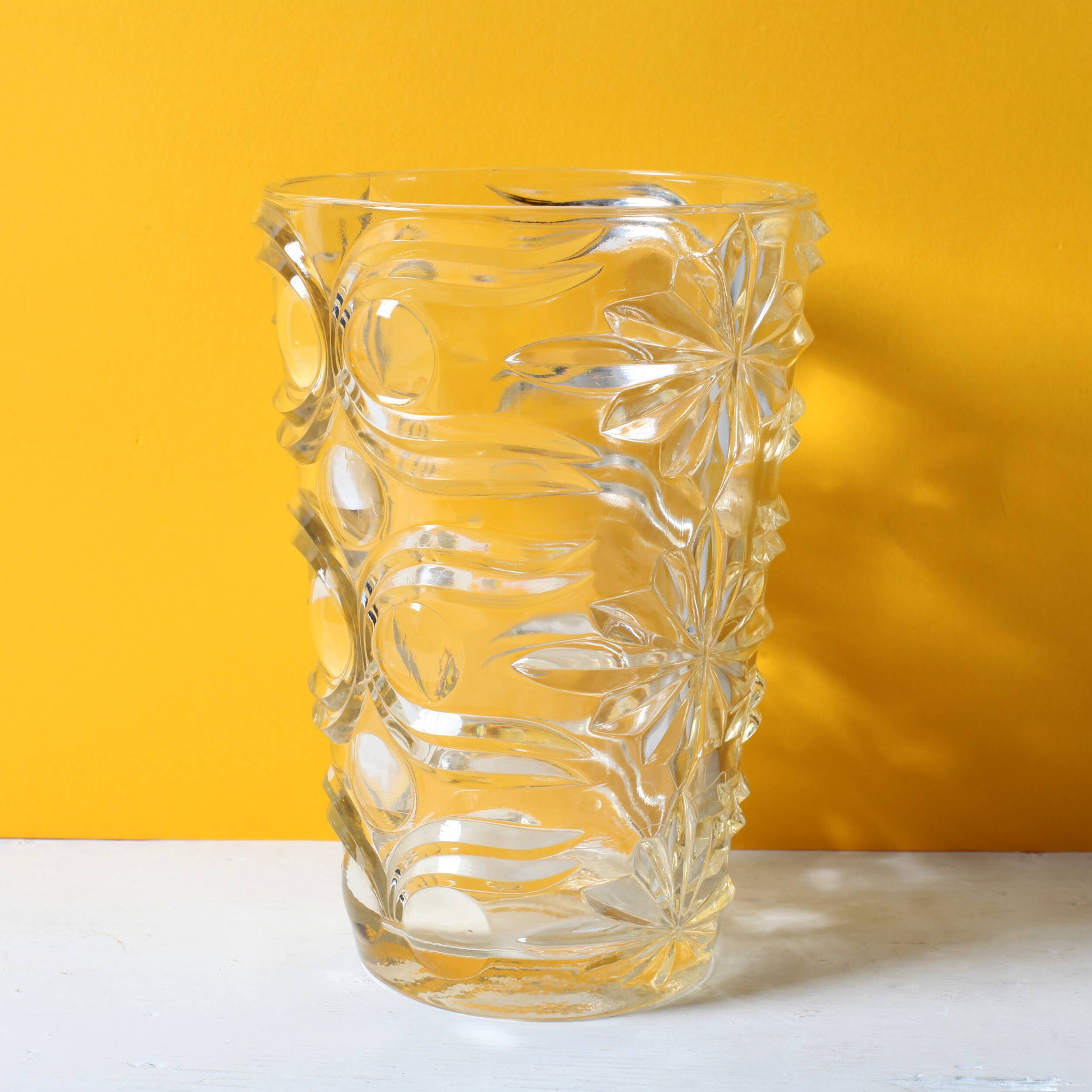 Mid-century Solid Heavy Clear Pattered Glass Flower Vase / Fidenza / Italy