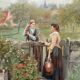 Tableau HST "La conversation au jardin" XIX° siècle