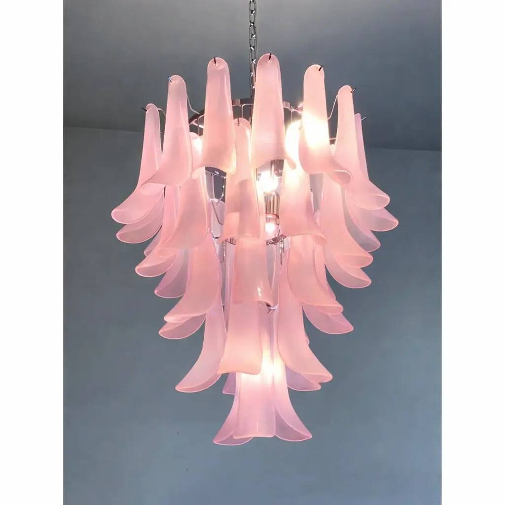 Contemporary Pink Frosted "Selle" Murano Glass Chandelier in Mazzega Style