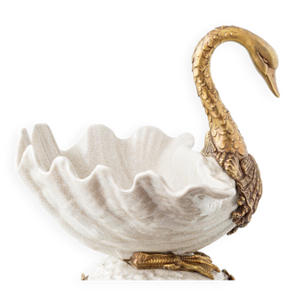 Sculptural Art Nouveau Swan Coupe in Crackled Glazed Porcelain and Gilded Metal