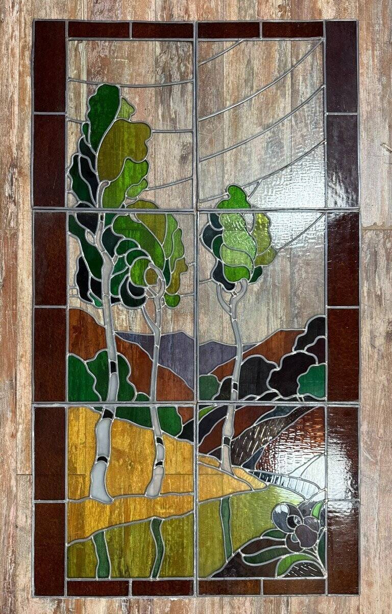 Ancient stained glass landscape decoration – Trees and hills – Early 20th century