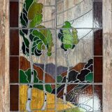 Ancient stained glass landscape decoration – Trees and hills – Early 20th century