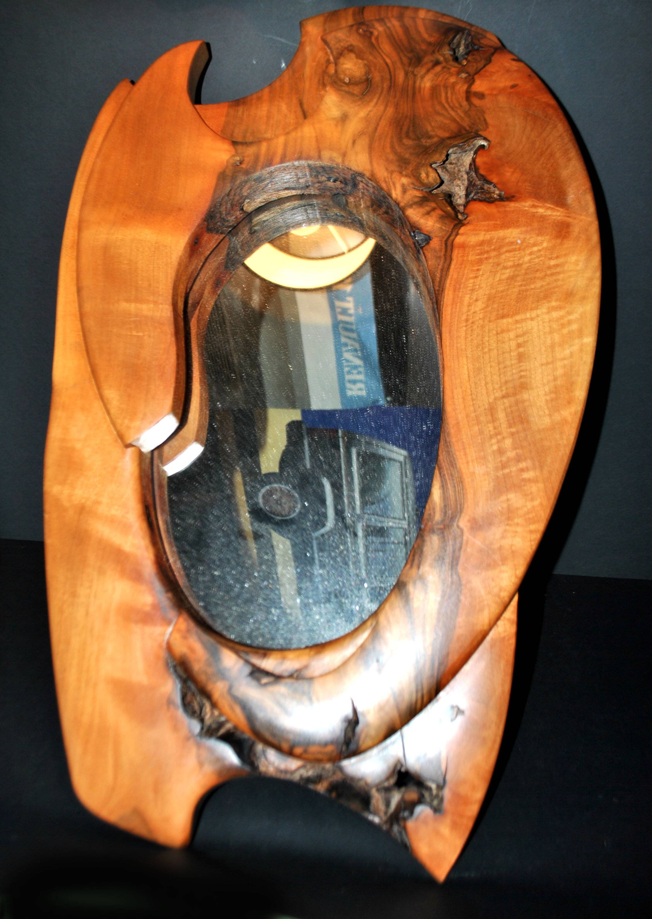 Vintage oval mirror in solid olive wood - Modernist design 1960-1970