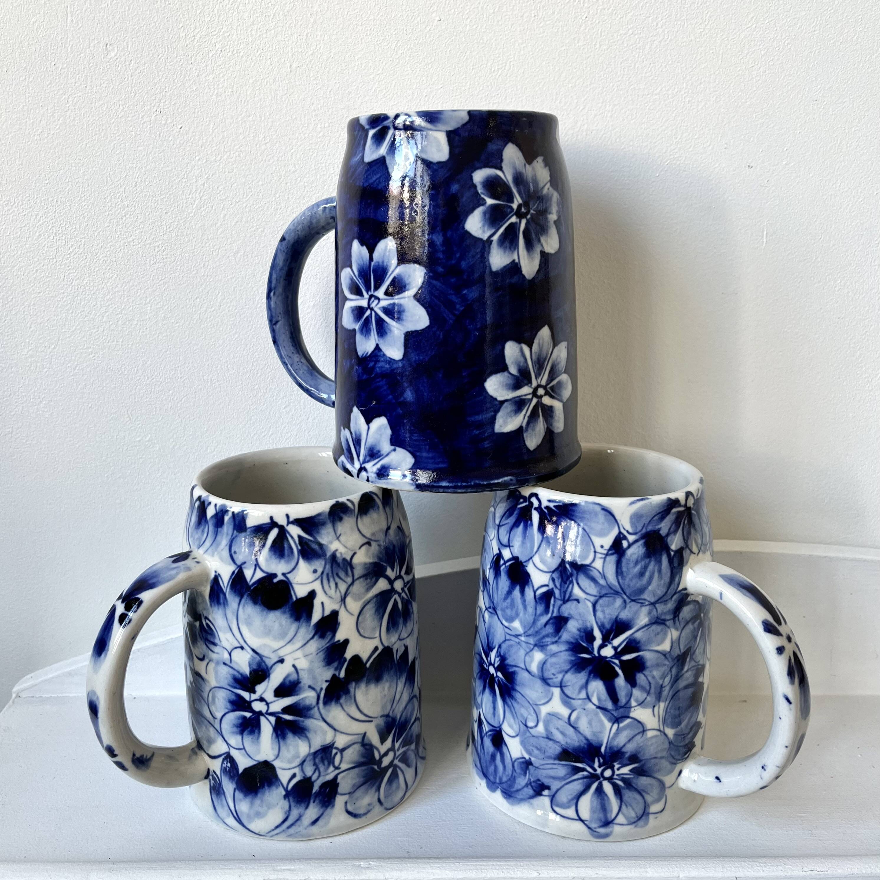 Blue flowered mugs or large tankards