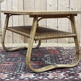 Coffee table from the 70s, rattan and tanned shelf