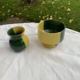 Bol et pot a lait en ceramique émaillé, bicolore jaune et vert vintage 1950