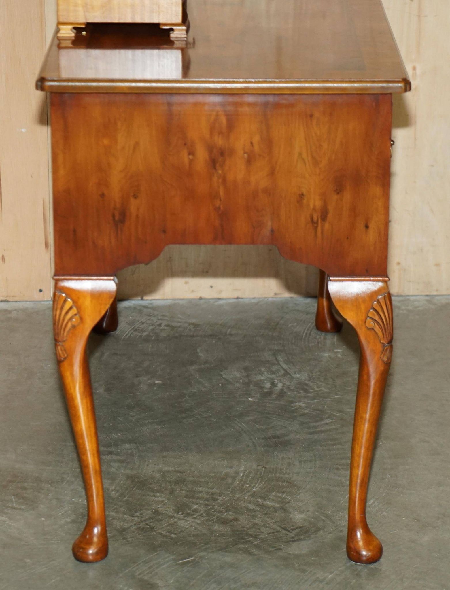 Vintage English walnut burr dressing table with mirror and chair.