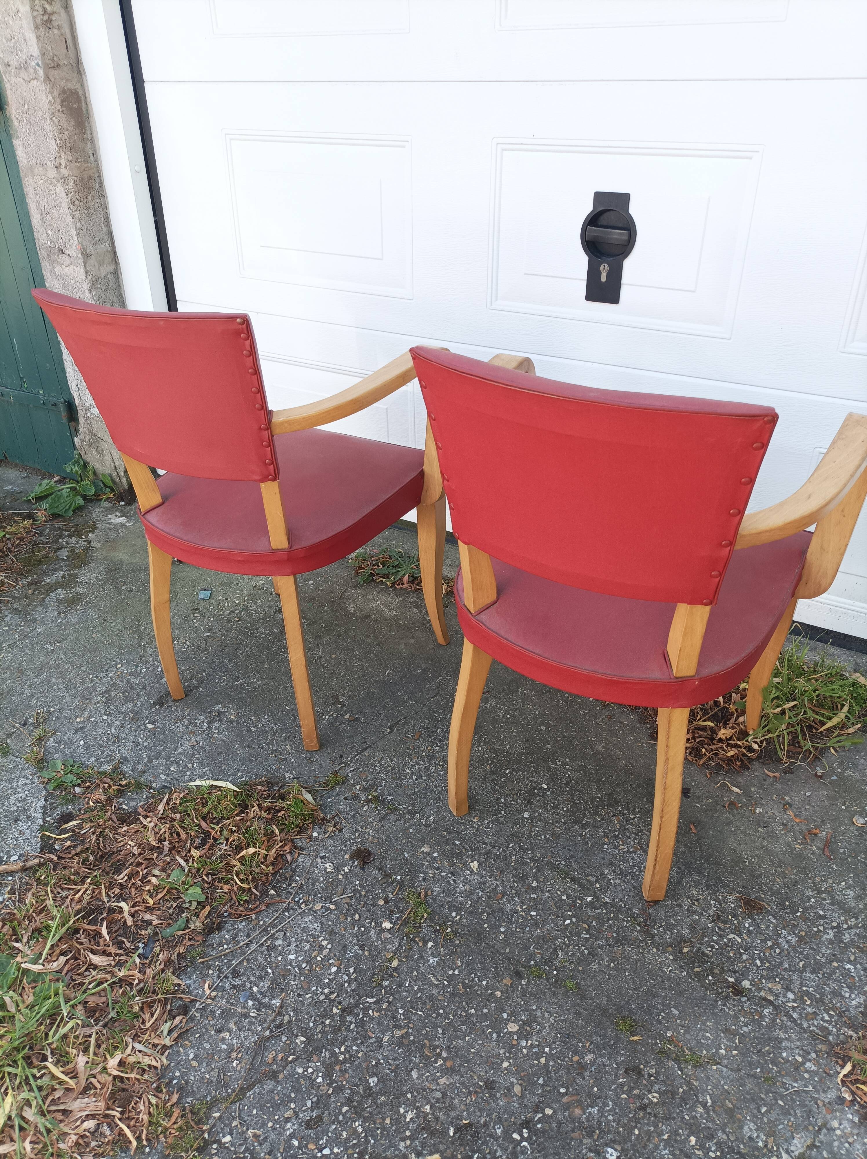 Pair old armchairs bridge skaï red chair