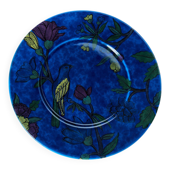 Grand plat décoratif bleu "Oiseaux" – signé Molin