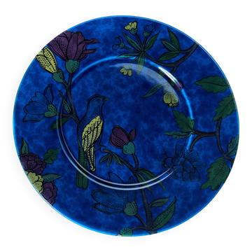 Grand plat décoratif bleu "Oiseaux" – signé Molin