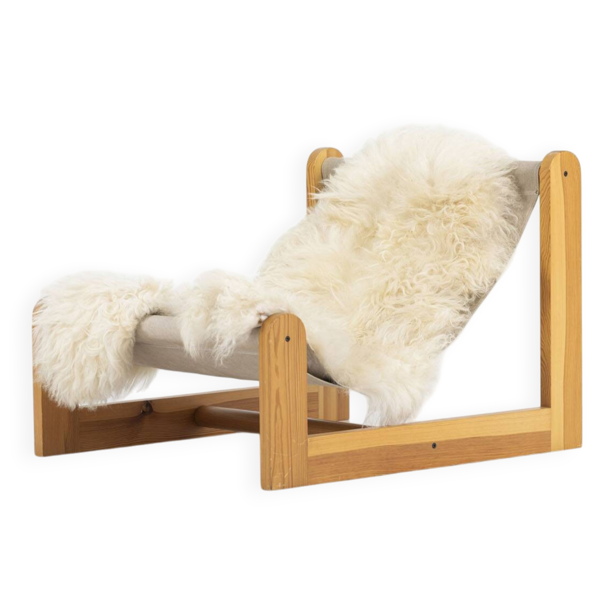 Sling chair in pine, canvas and sheepskin, 1970s
