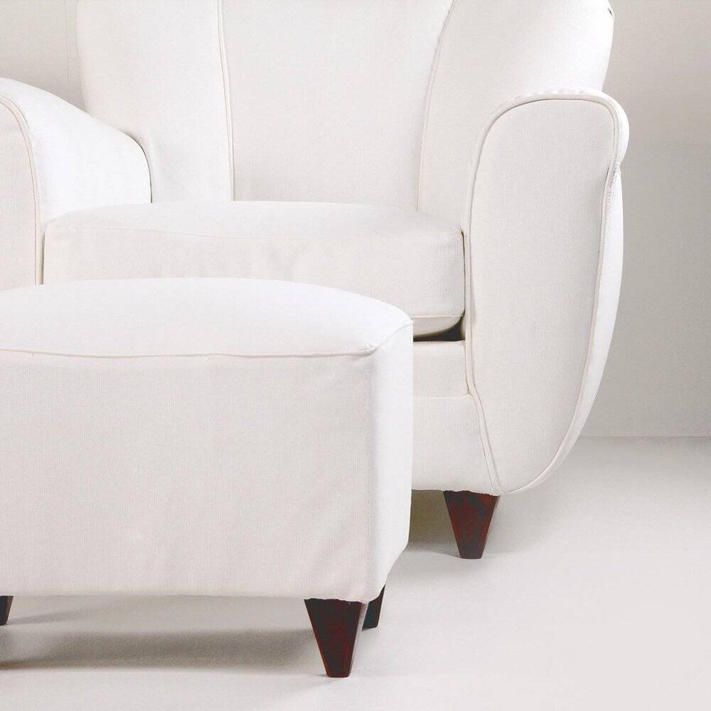 2 sets of Italian armchair with pouf in white fabric, Italy, 1940s