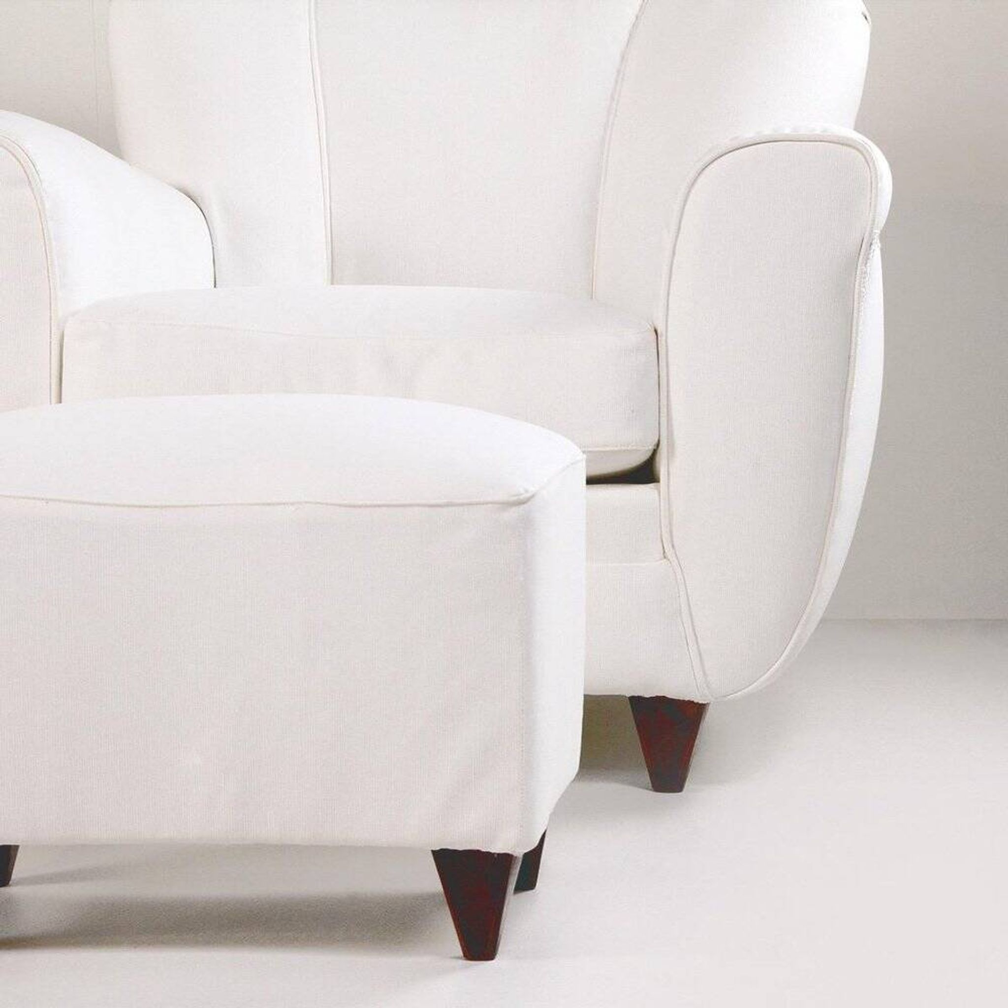 2 sets of Italian armchair with pouf in white fabric, Italy, 1940s
