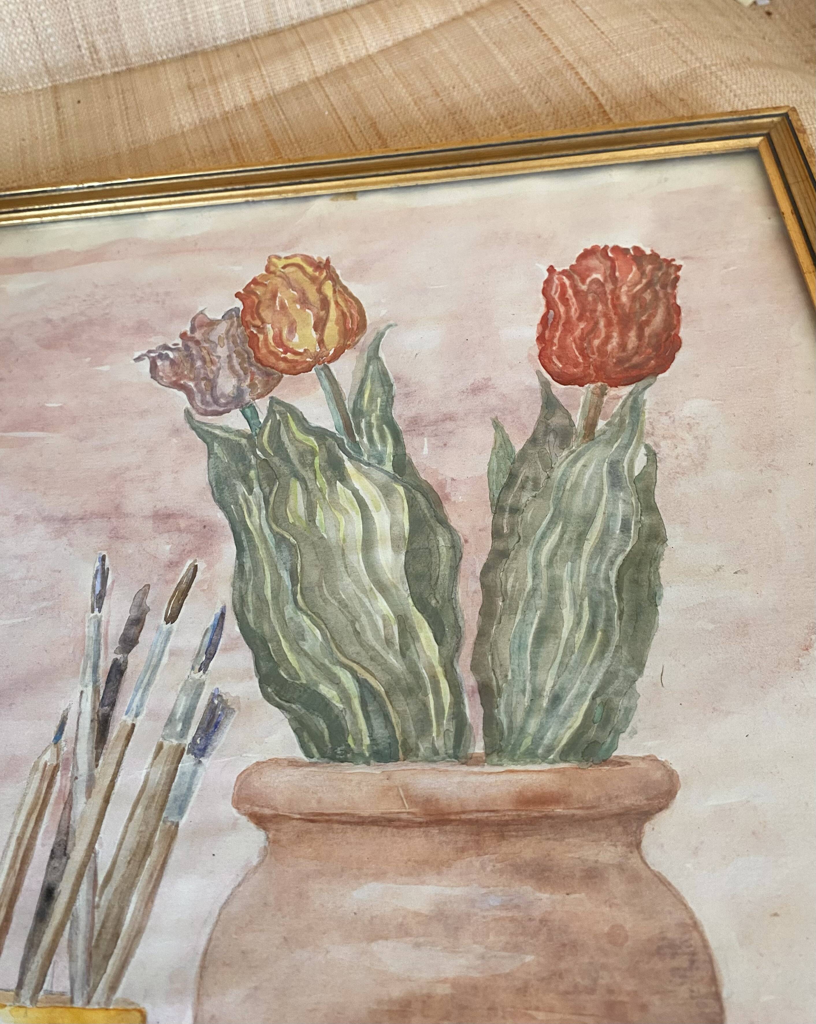 Watercolour still life from the 1970s under glass.