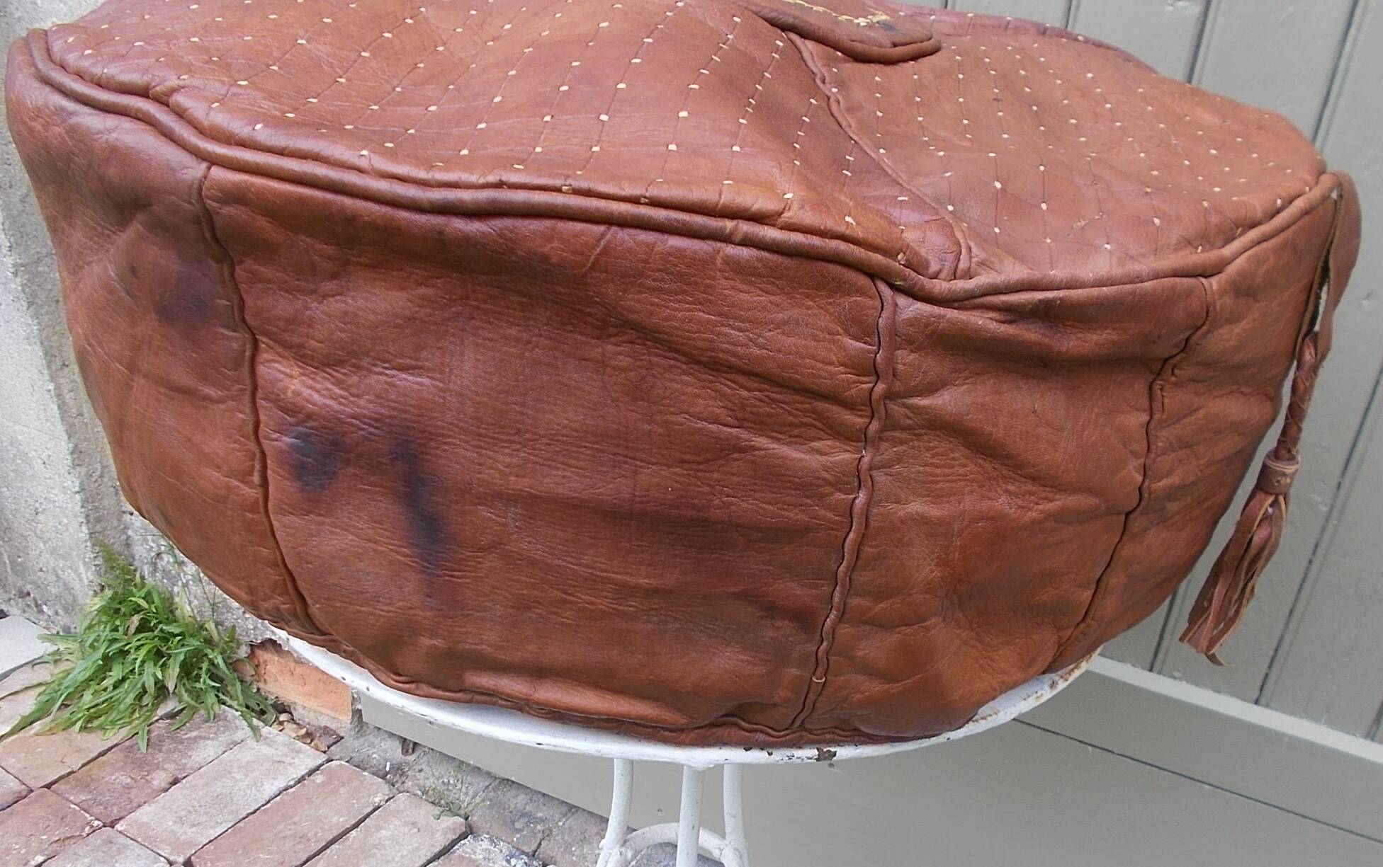 large vintage Moroccan leather pouf