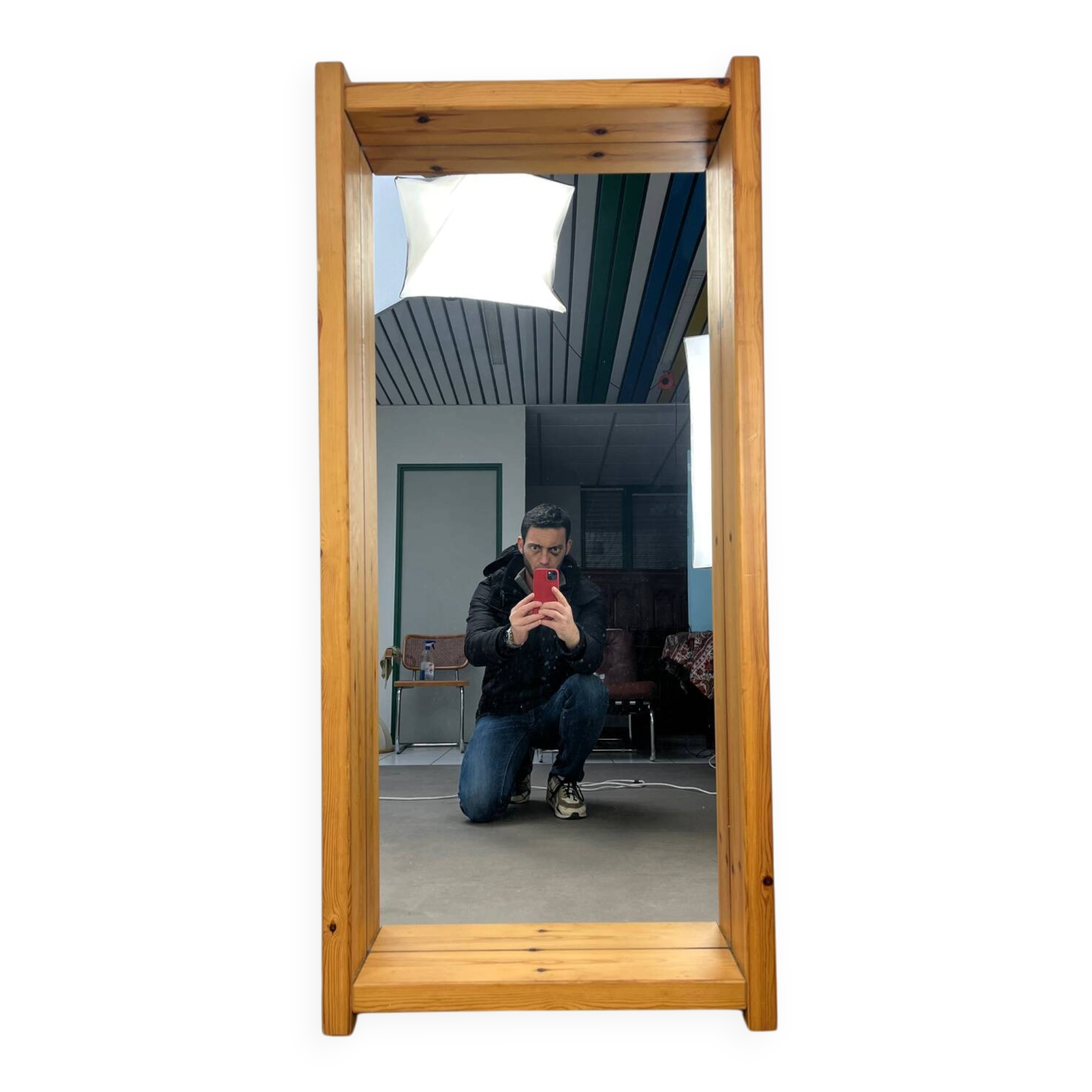 Brutalist XL mirror, solid pine, chalet style.