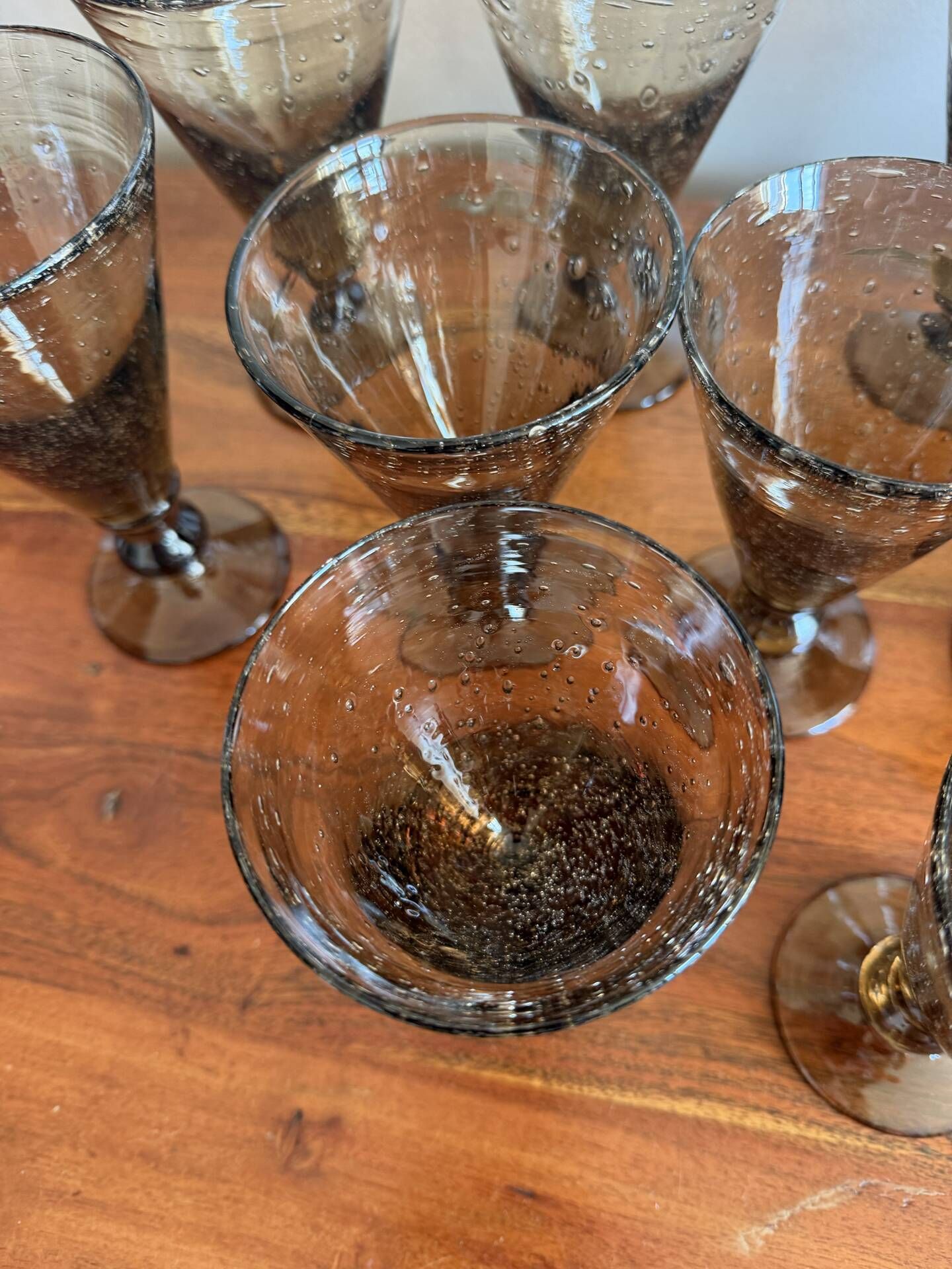 Set of hand-blown stemmed glasses