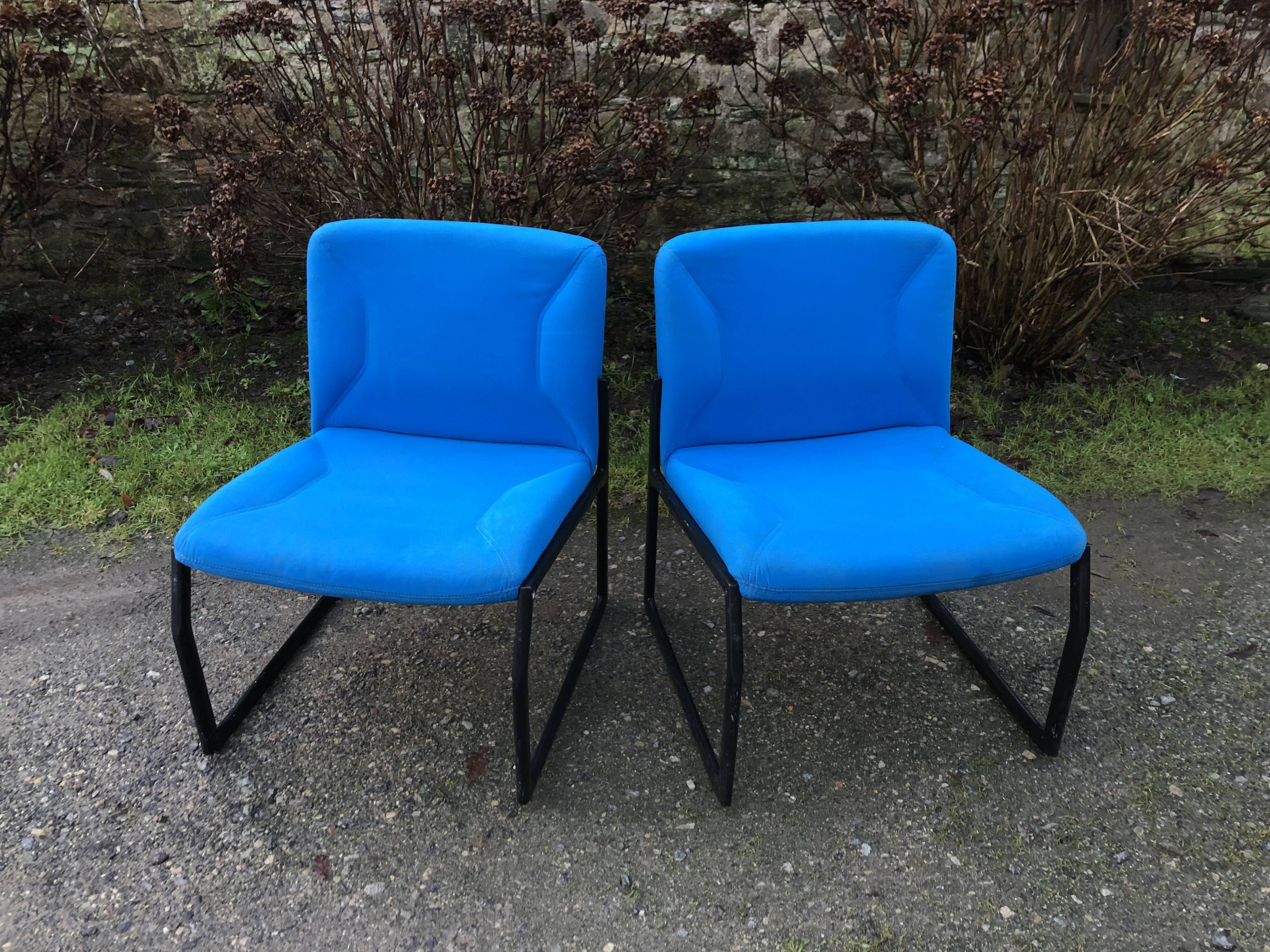 Electric blue fabric designer armchairs with black lacquered metal legs from the 80s.