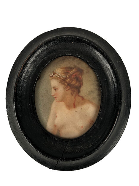 Miniature on medallion porcelain, blackened wooden frame