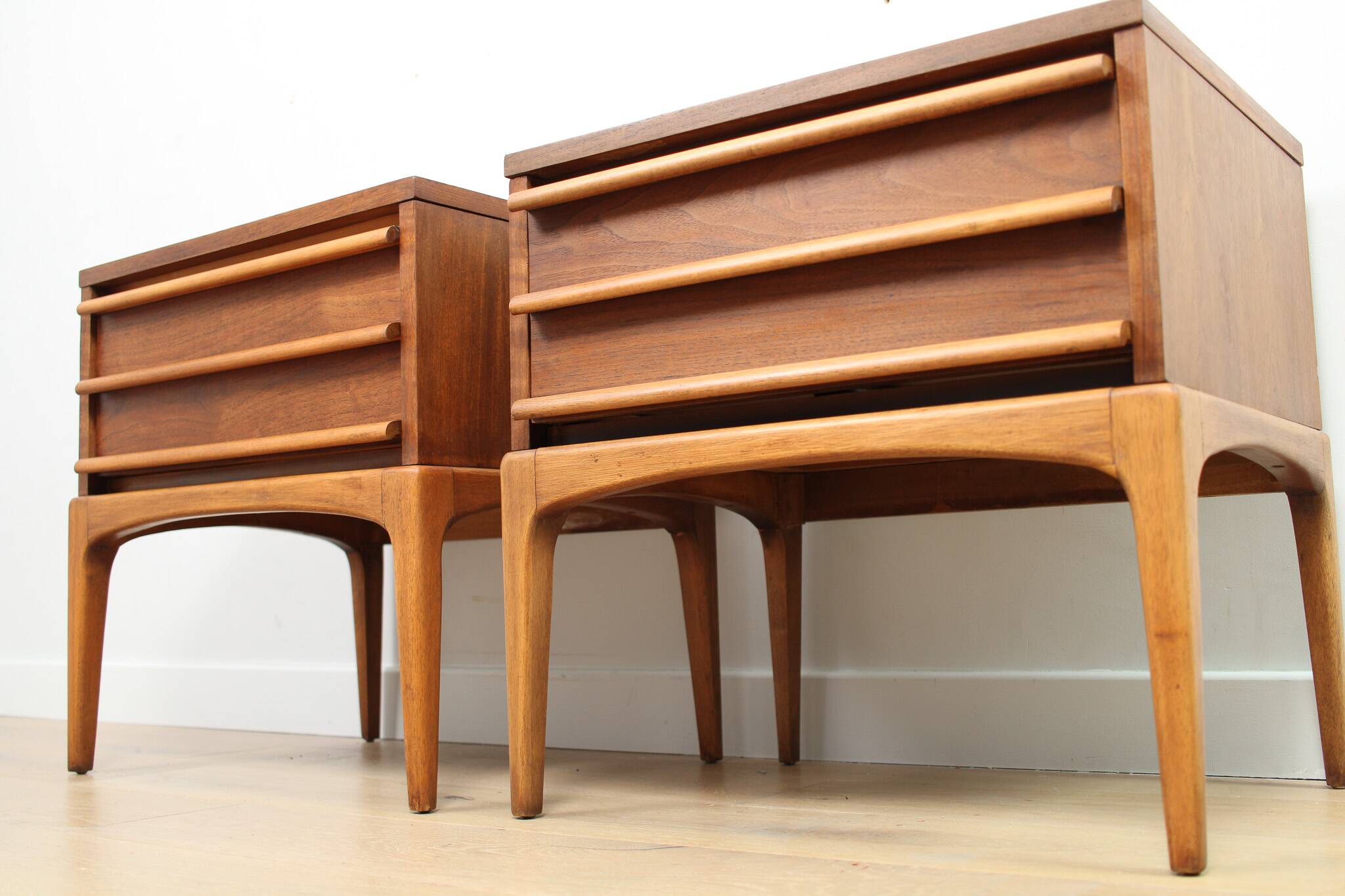A pair of Vintage Mid-century style Lane 'Rhythm' bedside tables in walnut