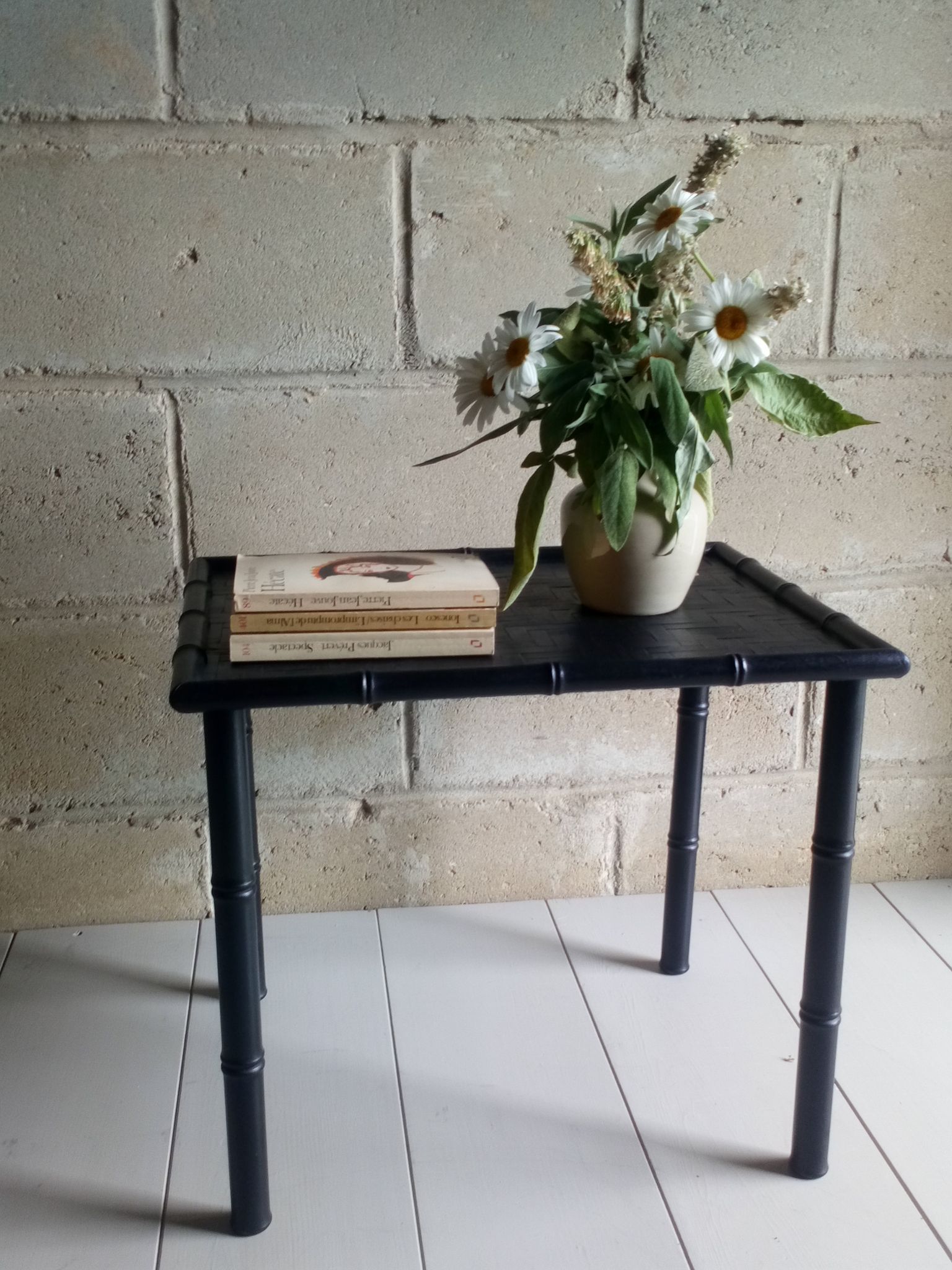 Black wood and bamboo side table