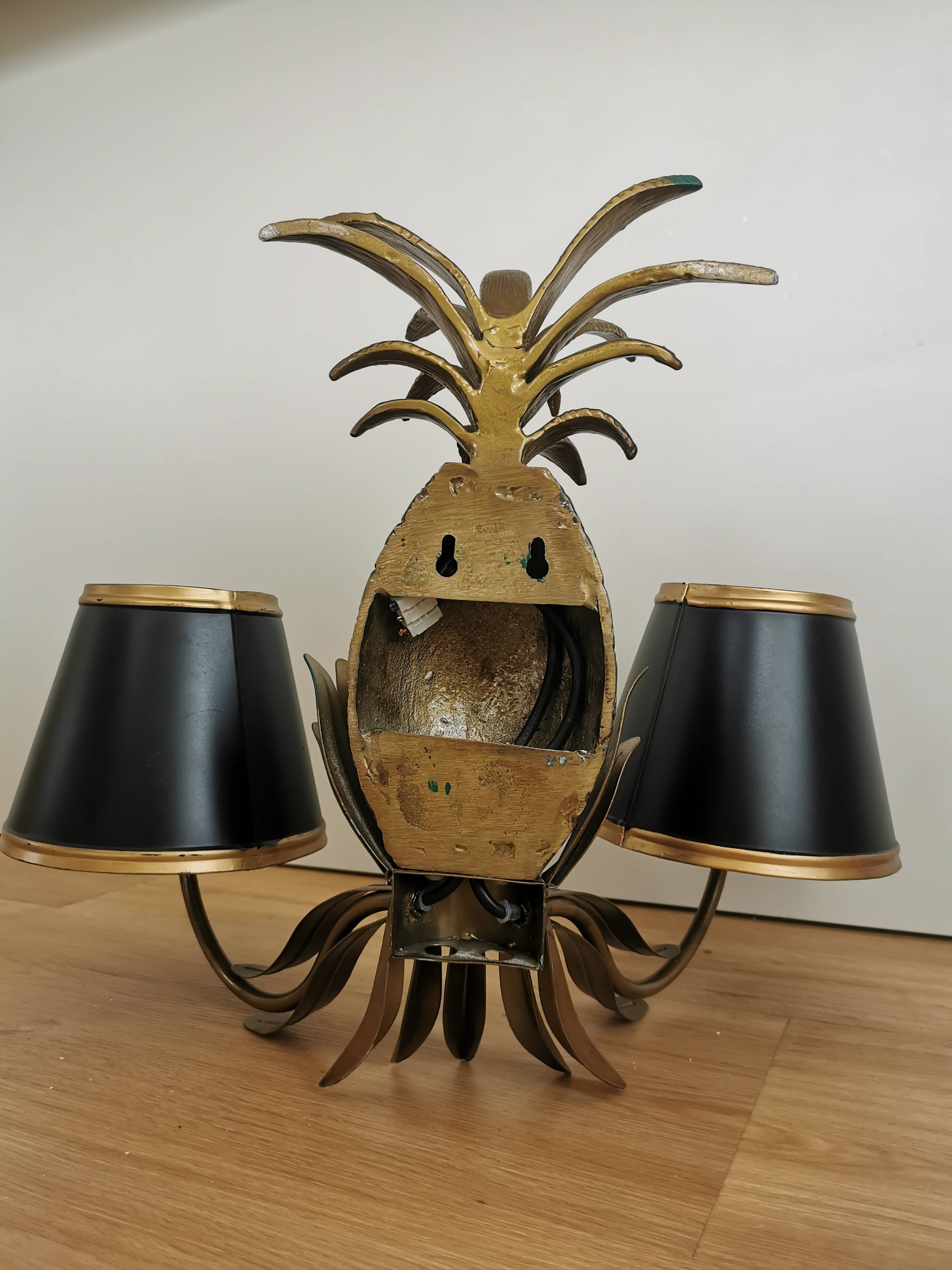 Vintage Gold Pineapple Wall Lamp with Black Shades: Mid-Century Retro Light