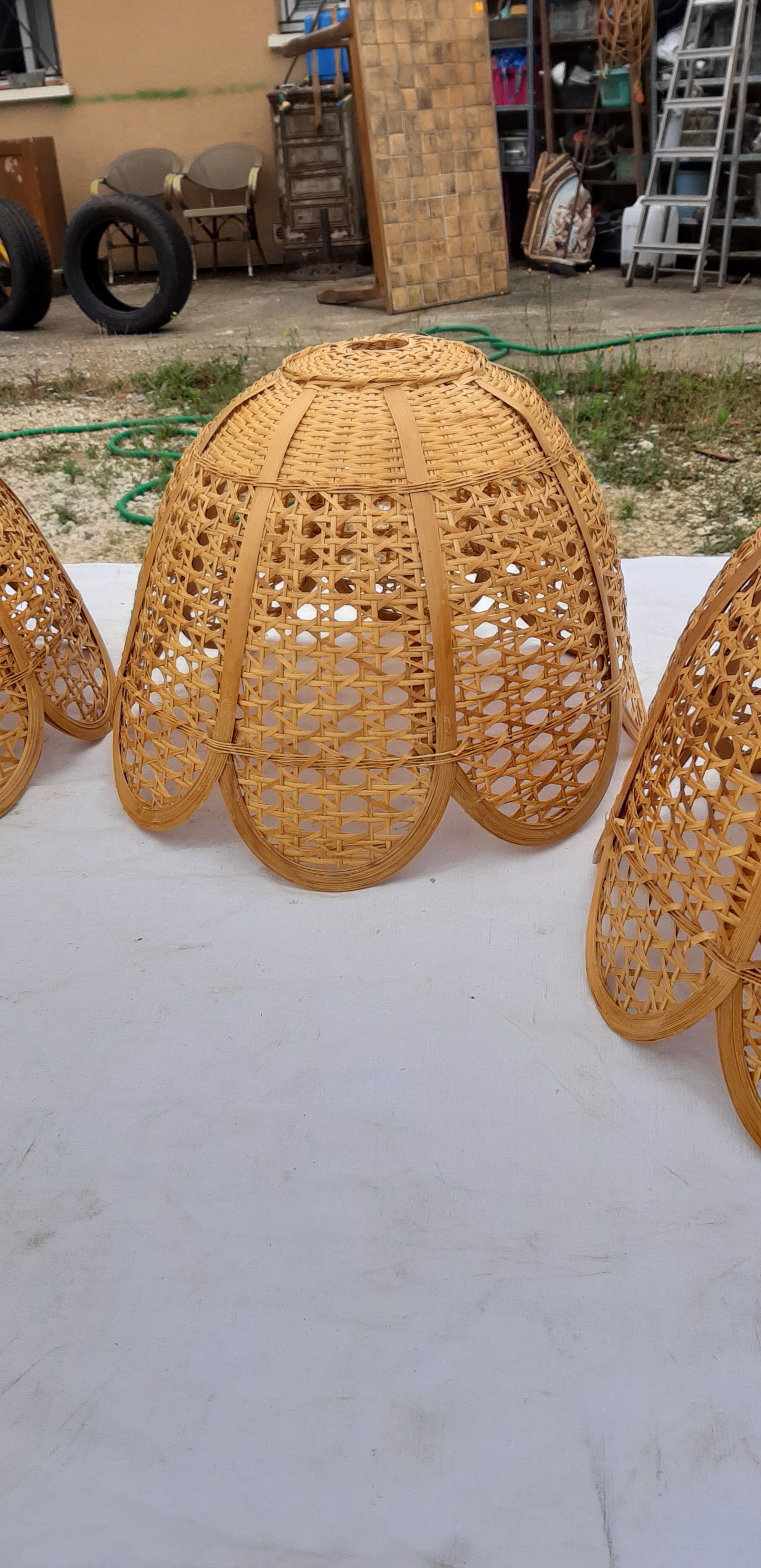 Set of 4 vintage wicker pendant lamps