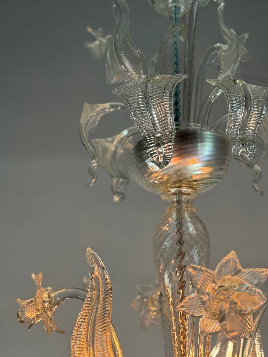 Venetian chandelier in colorless murano glass, 6 arms of light circa 1950