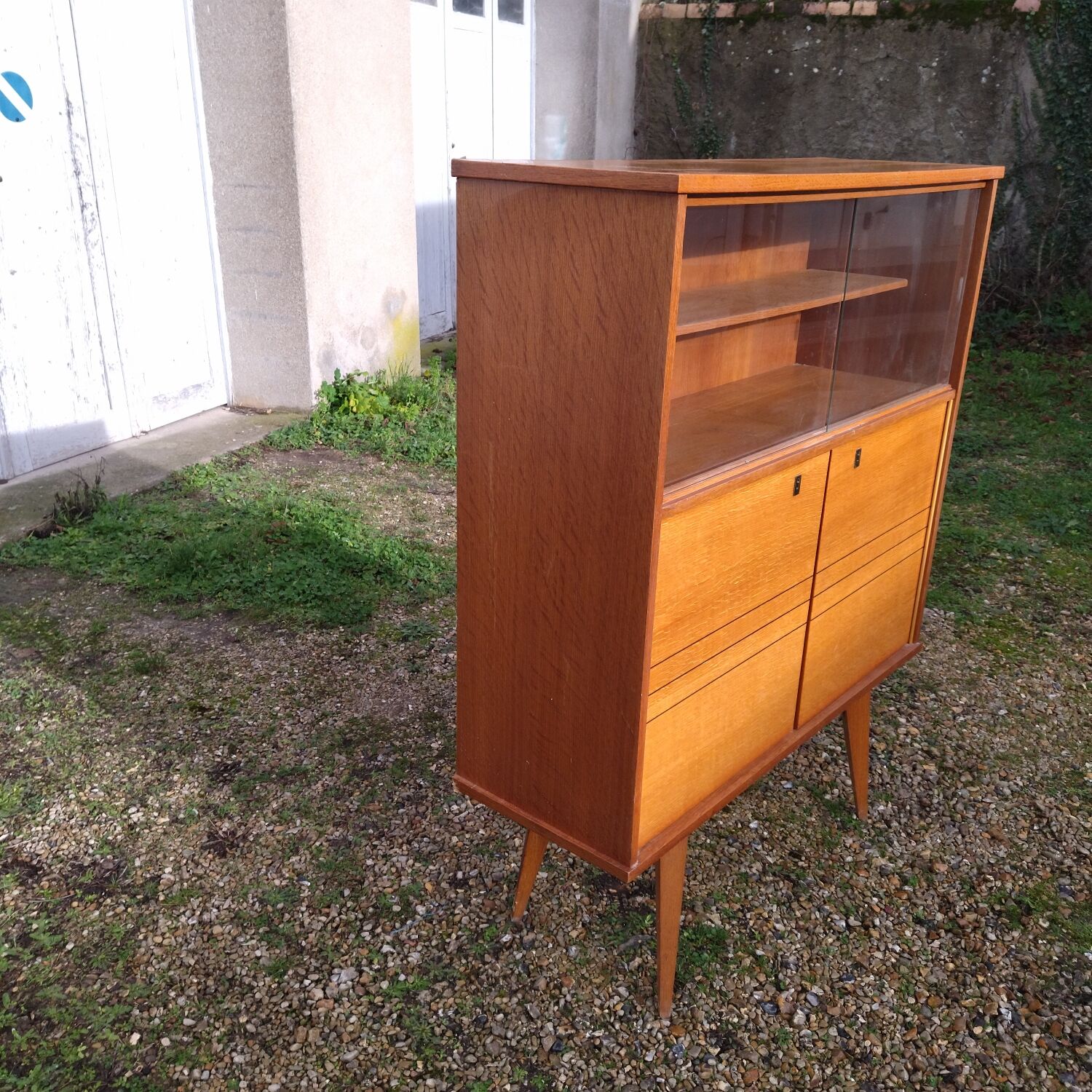 Glass bar veneered wood 50s compass