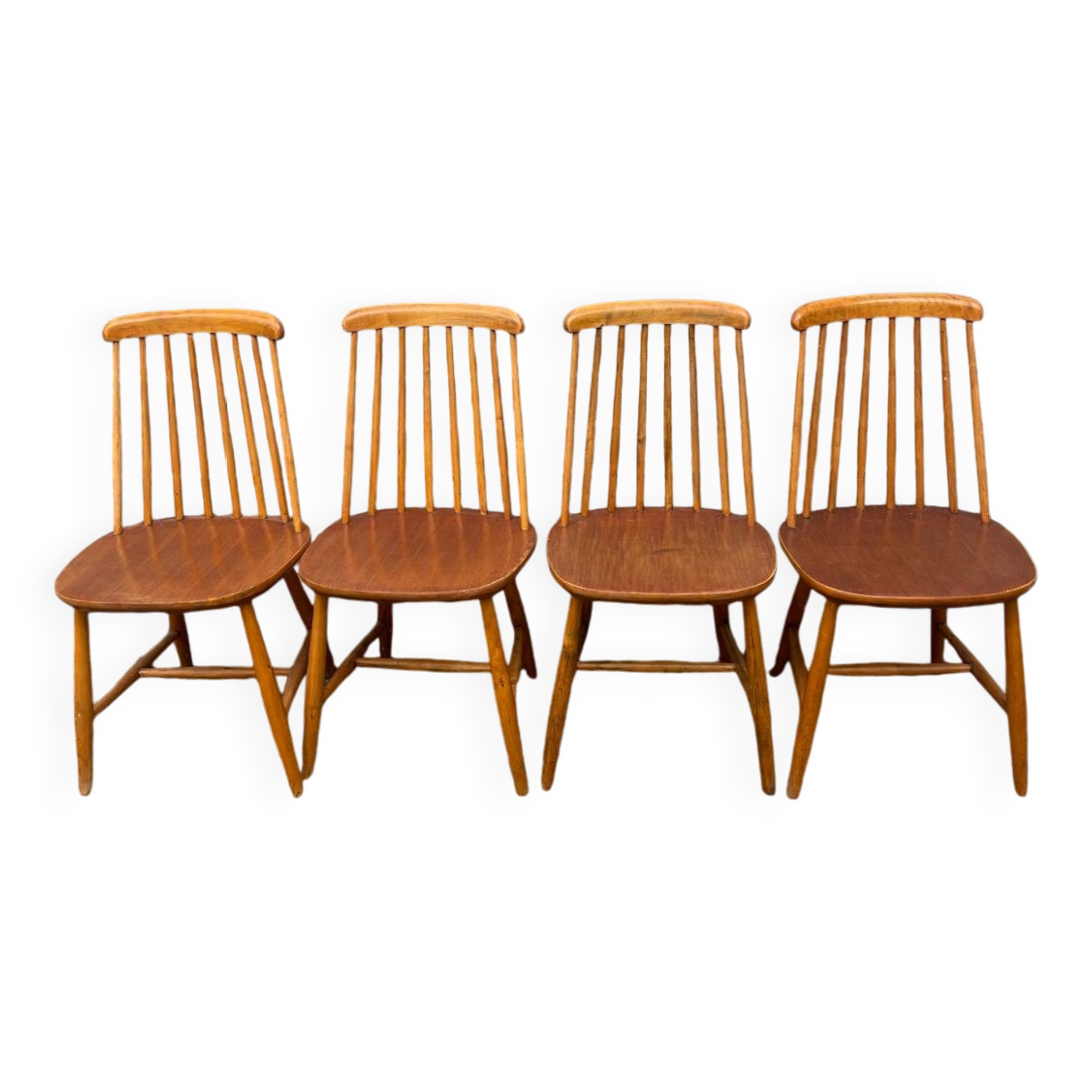 Set of 4 vintage beech chairs with teak seat