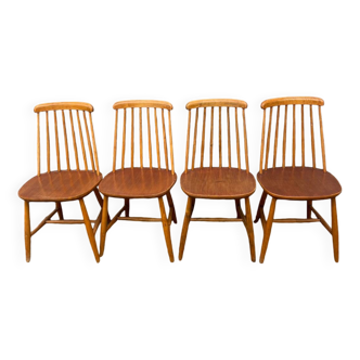 Set of 4 vintage beech chairs with teak seat