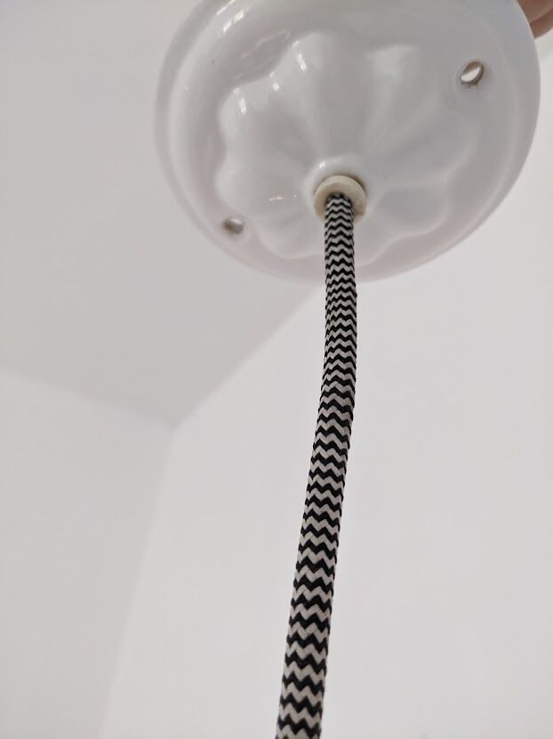 Three vintage pendant lamps, porcelain and aluminum