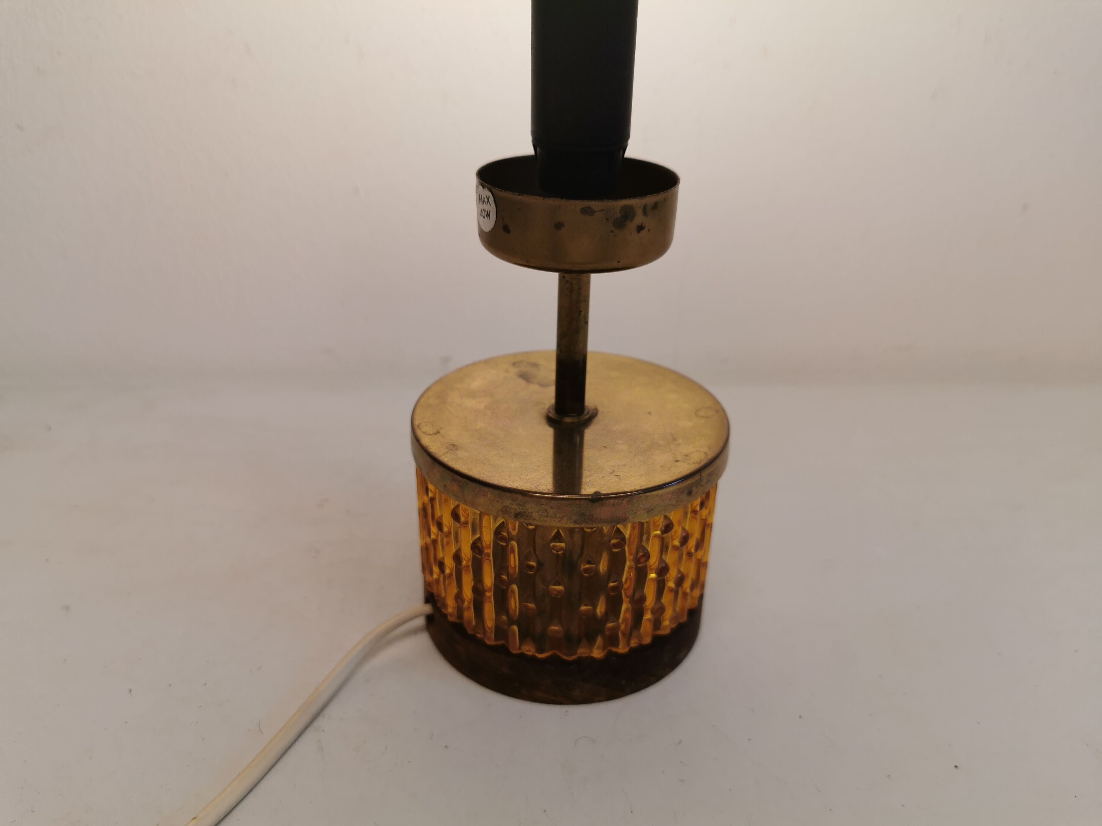 Swedish table lamp foot, made of wood, amber bubble glass and brass