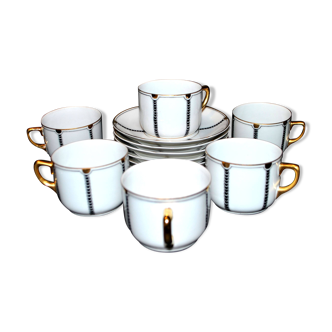 Set of 6 ART DECO black and gold porcelain coffee cups from the 1920s-1930s