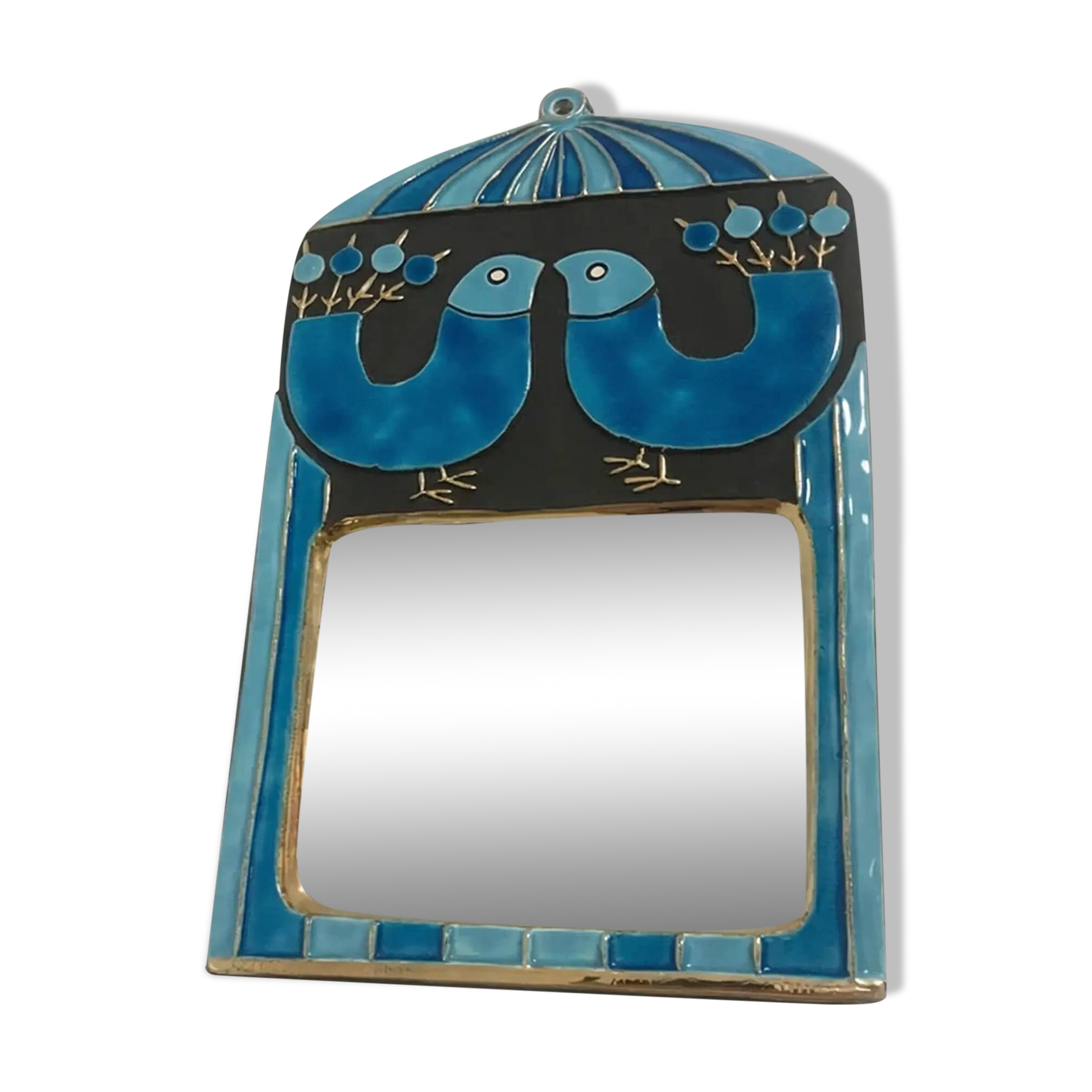 Mithé espelt mirror "cage" in nuanced blue made in 1970.