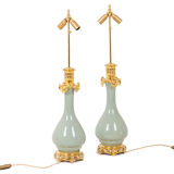 Pair of celadon and bronze porcelain lamps, circa 1880