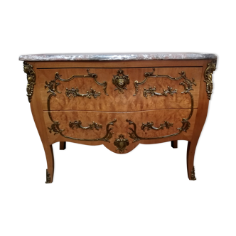 Curved chest of drawers in elm magnifying glass and bronze