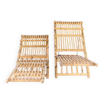 Paire de chaises longues en bambou