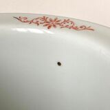 Chinese planter or Chinese porcelain pot cover decorated with landscapes on a coral and golden background